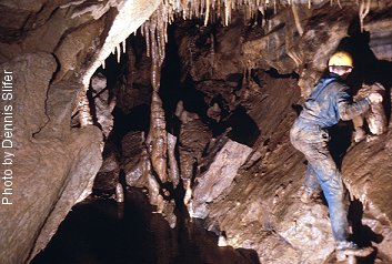 Dennis Slifer skirting a pool in Hogmaw Cave(photo by Dennis Slifer)